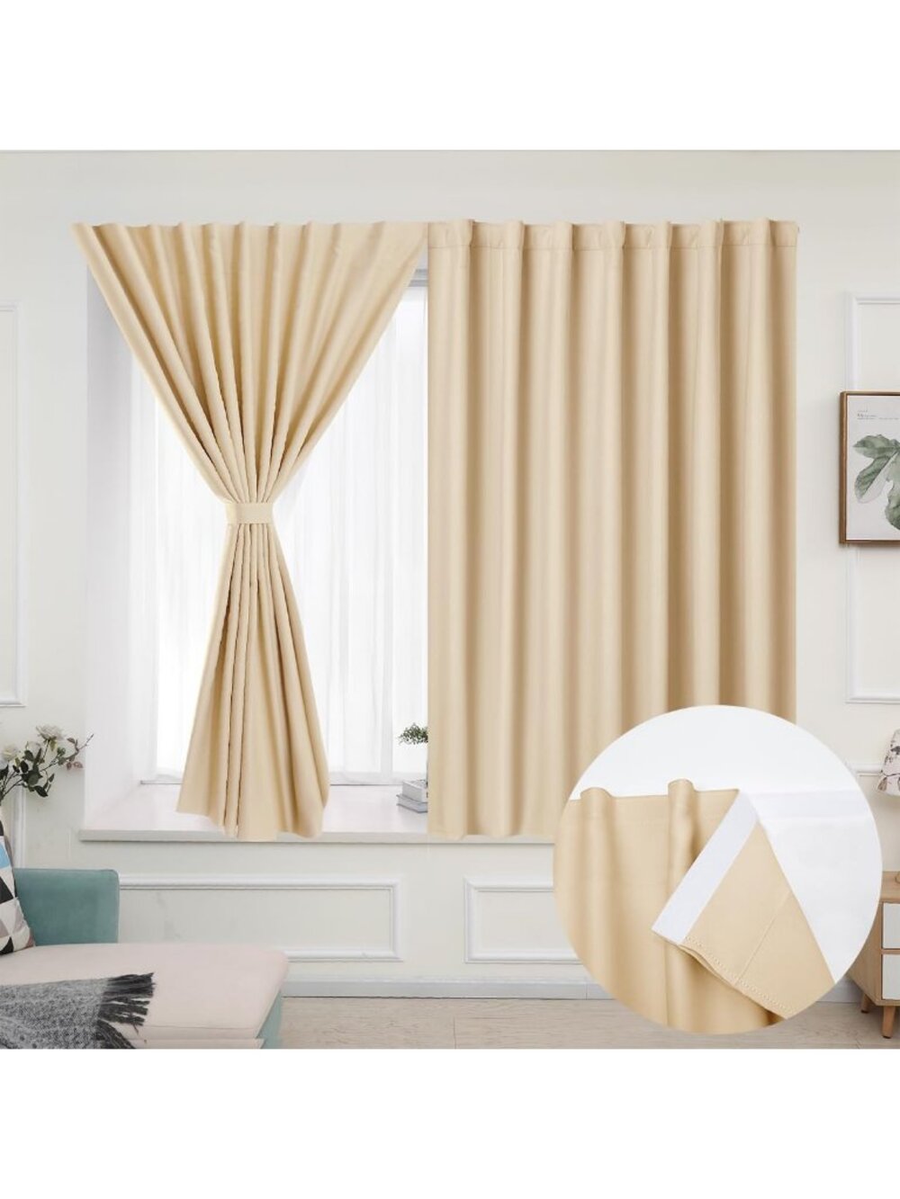 Easy Install Blackout Curtains, Light Blocking Window Panels, 2 Set Beige 42x45